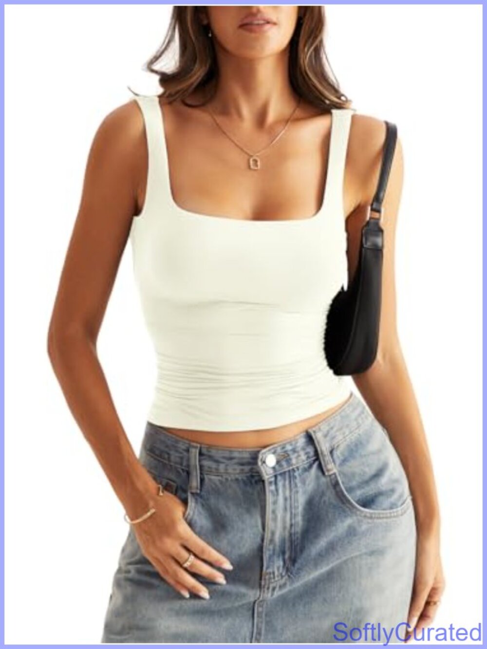 Square Neck Double Lined Low Back Fitted Tank Top Sleeveless Summer Cami
